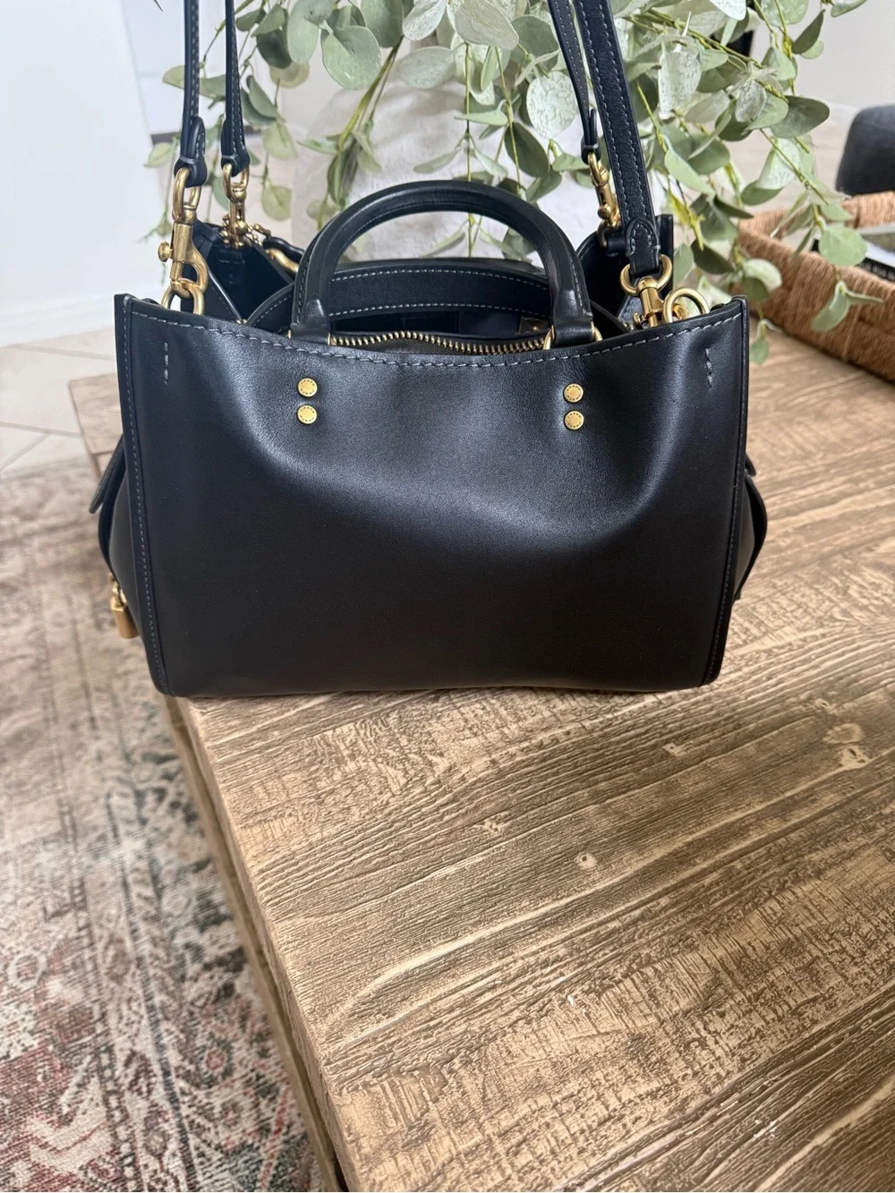 Coach Navy Black Leather Satchel with Gold Hardware